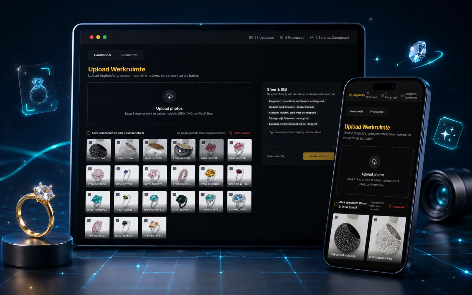 Screenshot van AI beeldstudio voor sieraden